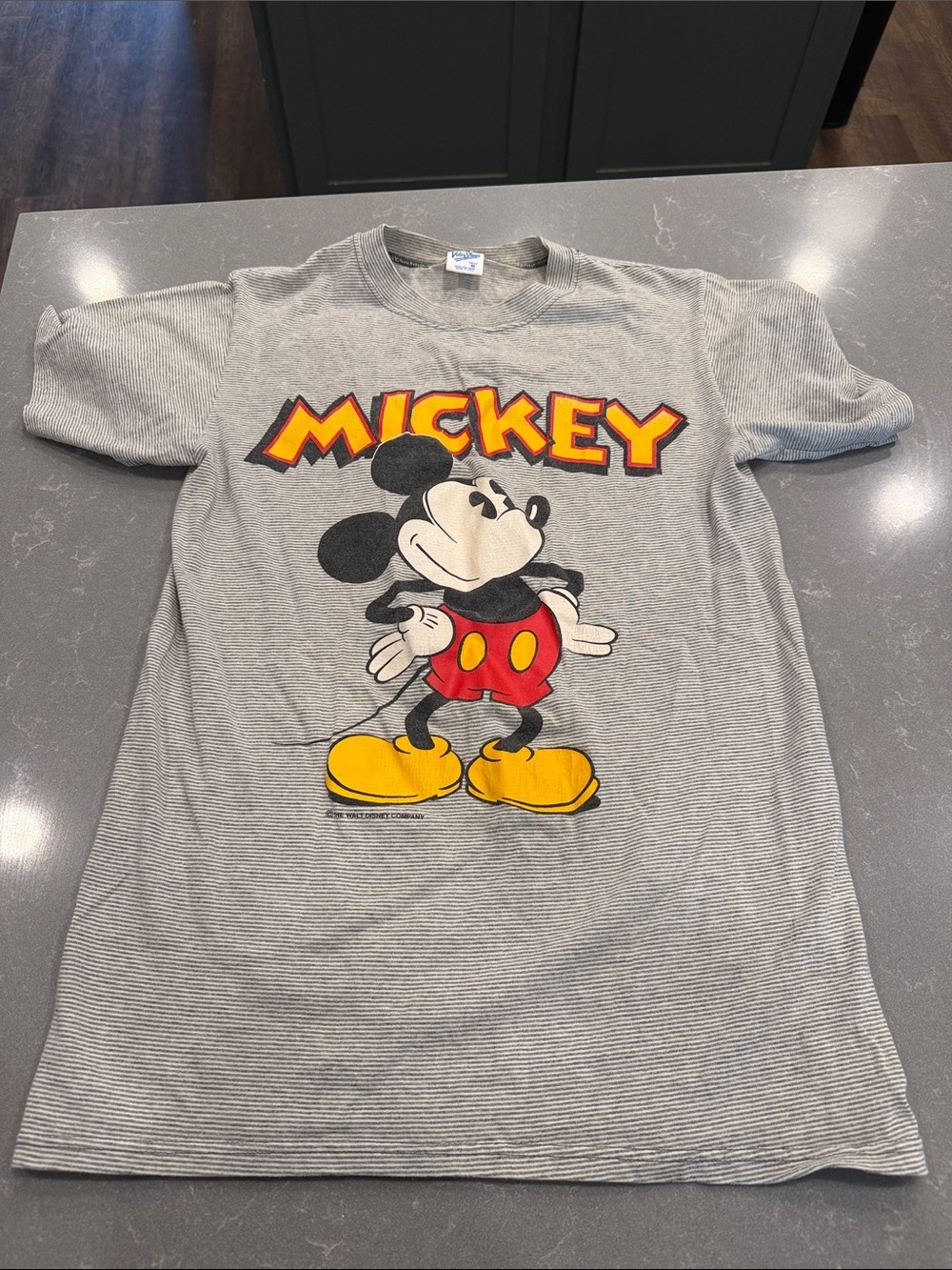 Vintage Disney Gray Striped Mickey Graphic Tee with Yellow & Red Accents